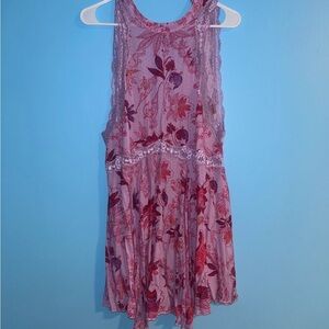Free People Pink and Red Lace-Trim Mini Dress
